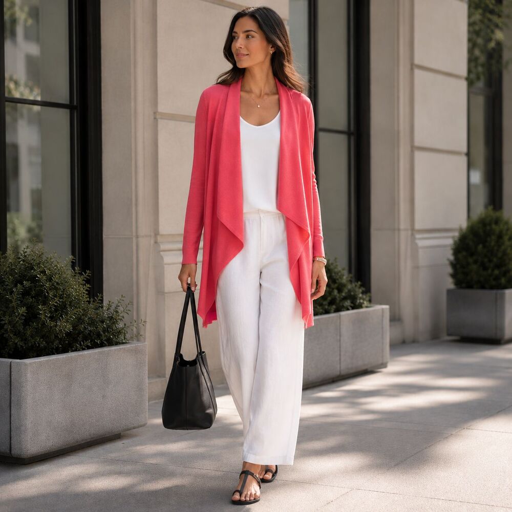 EILLEN FISHER Women's Open Cardigan LARGE Coral Drape Silk Organic Cotton